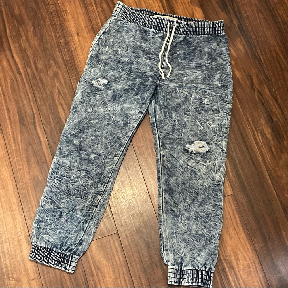 Sneak Peek Faux Denim Acid Washed Distressed Joggers Size L Blue